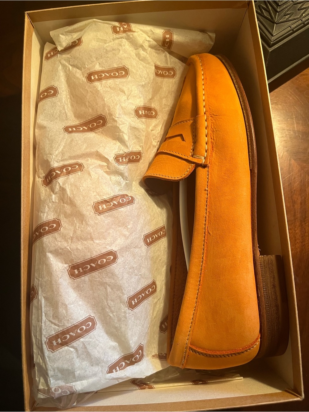Coach Orange Suede Penny Loafers Shoes Women's Size 8 NIB!